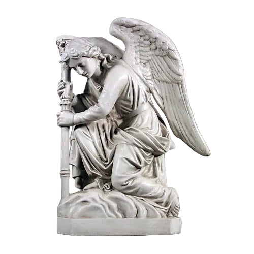 Kneeling angels with serene facial expressions holding tall ornate candlesticks on cloud-like bases.