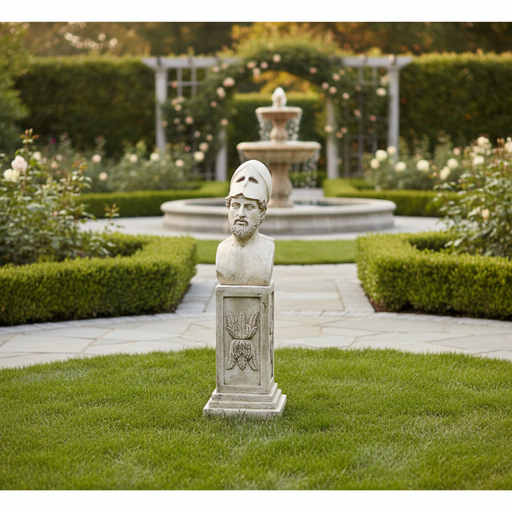 Classical Greek bust of a bearded warrior in a helmet on an ornate pedestal with carved acanthus leaf details. Side Angle