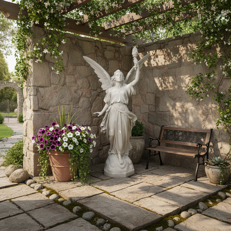 Angel With Torch Outdoor Statue (64 - Inch) Side Angle