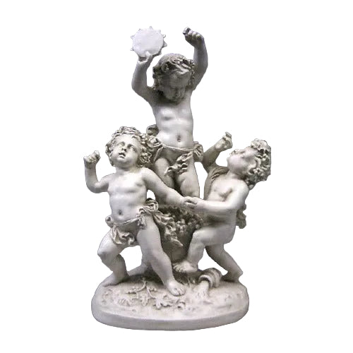 Baroque-style sculpture of three cherubic children in dynamic poses, one holding a tambourine, on an ornate round base.