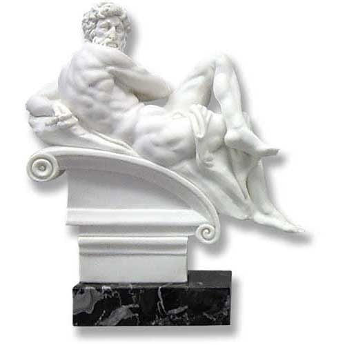 Reclining male figure in classical Greek style on an ornate scroll-backed pedestal with detailed musculature and draped form.