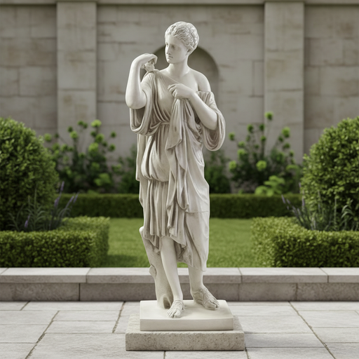 Classical Greek-style female statue in flowing draped robes, standing on a square base with ornate, lifelike detailing. Side Angle
