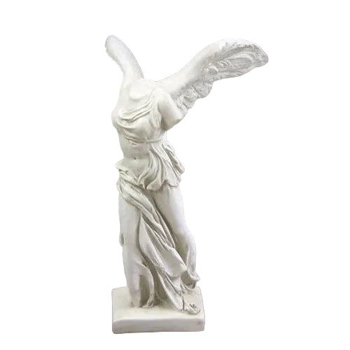 Winged classical Greek statue with flowing drapery and detailed, ornate sculptural style, inspired by ancient European art.