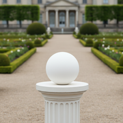 Sculpted sphere with smooth, minimalist surface, inspired by classical and old world European geometric forms. Side Angle