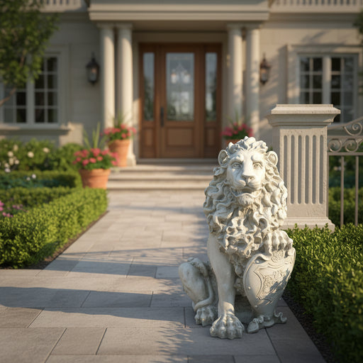 Regal lion statue with ornate mane and classical shield, featuring old world European and Baroque detailing in a seated pose. Side Angle