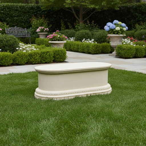 Oval pedestal table base with classical old world European design, featuring ornate carved detailing and a Renaissance-inspired motif. Side Angle